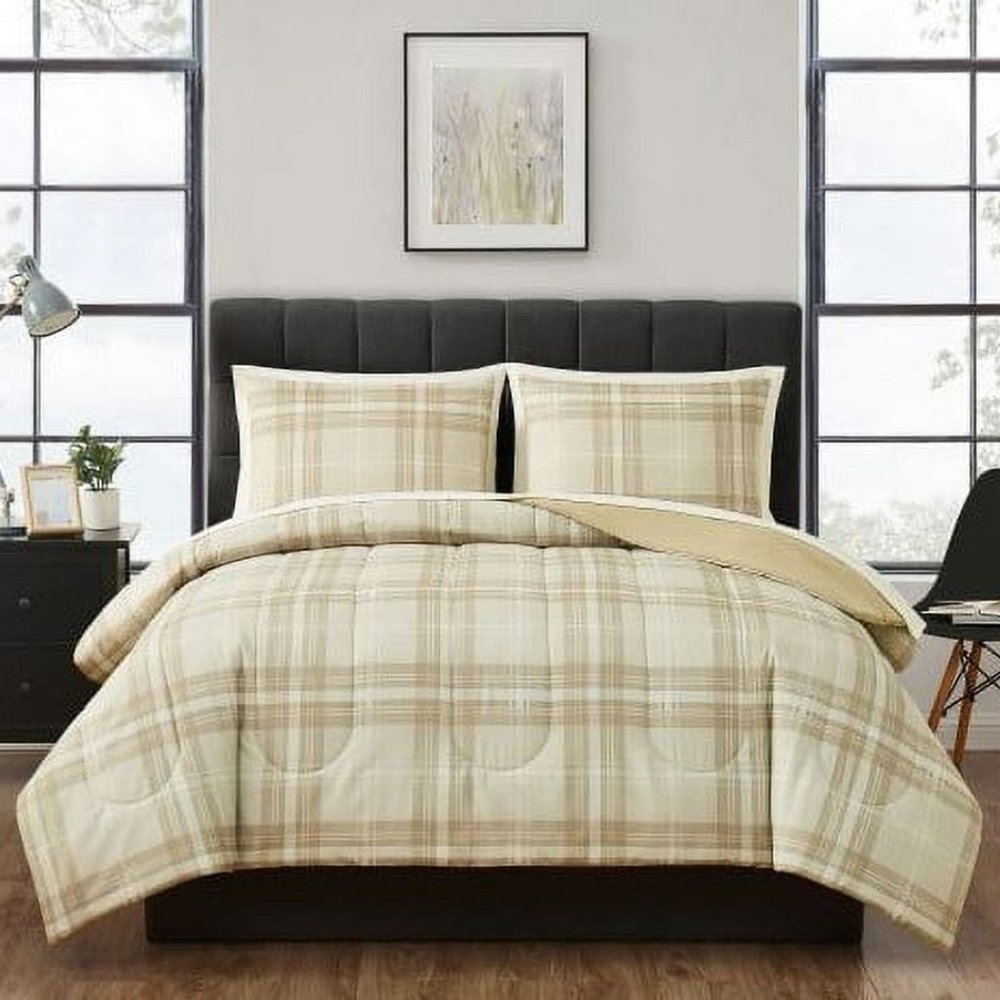 Mainstays 5-Piece Beige Plaid Bed in a Bag, Twin/Twin XL
